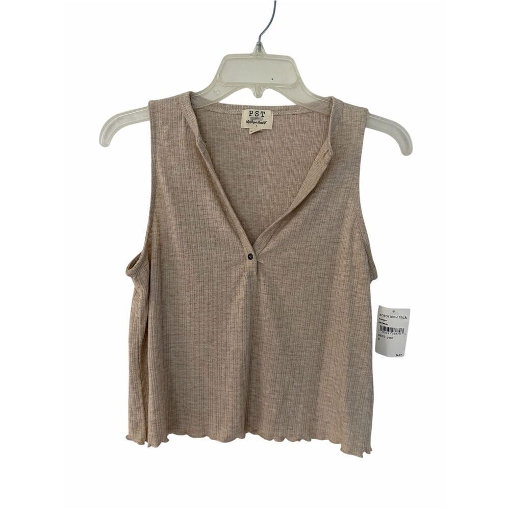 NWT- PST Los Angeles Beige Ribbed Sleeveless Henley Top